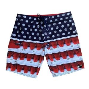 O'Neill Beer Pong Board Shorts Swim Trunks Mens 42 USA Flag‎ Red Solo Cups Pool